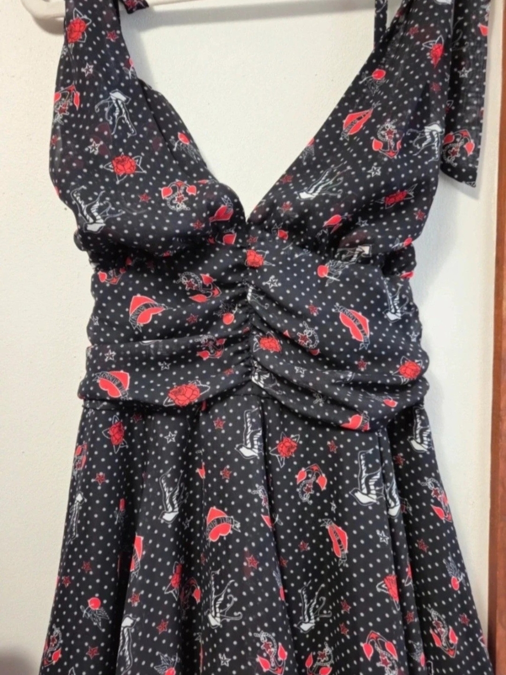 Hell Bunny Black Sundress with Red Floral & White Polka Dot Print